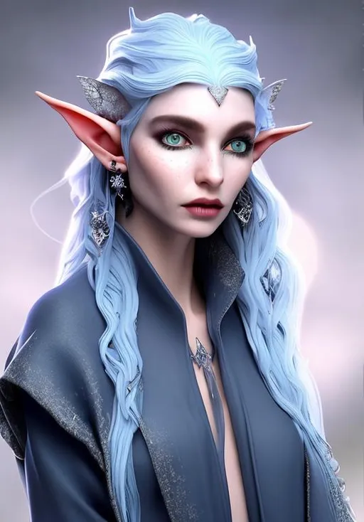 Prompt: elf sorceress, silver hair and blue silvery skin, wearing a robe, beautiful with piercings
