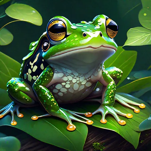 Prompt: "Cute frog sitting atop a leaf hyperdetailed intricate detail elaborate meticulous beautiful polished cinematic brilliant stunning atmospheric dynamic lighting anime artwork"
"8k resolution detailed painting trending on Artstation, r/Art, Artrift, deviantart, pixiv by WLOP, Studio Ghibli"