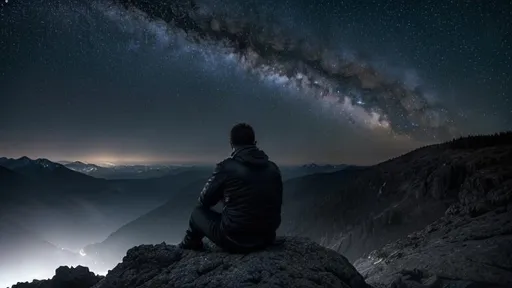 Prompt: A guy sitting on a mountain and starring at stars in the night sky alone,  hyperrealistic, hyperrealism, highly detailed, dark, 32k, photography, 1080p, cinematic Hyperrealistic, splash art, concept art, fictional characters, mid shot, intricately detailed, colour depth, dramatic, 2/3 face angle, side light, colourful background, HDR, beautifully shot, perfect composition, atmospheric, moody, sad vibe
