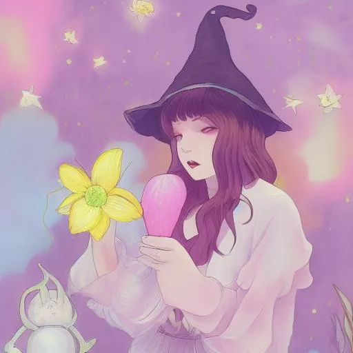 Prompt: Witch, aesthetic, pastel, beautiful, painting, strawberries, cute, flowers, soft, lemons, art, rpg, sweet, milk, crystals, highres, illustration, Steven universe, moon, stars, space, sci fi, alien, ghibli