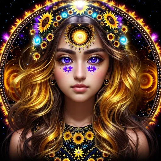 Prompt: dark, Epic, Beautiful, Plasma {Sunflower} gold silver black, big dreamy eyes, beautiful intricately-colored, symmetrical, Beautiful and Gorgeous, hyper realistic, expansive psychedelic background, hyper realistic, 64K --s99500