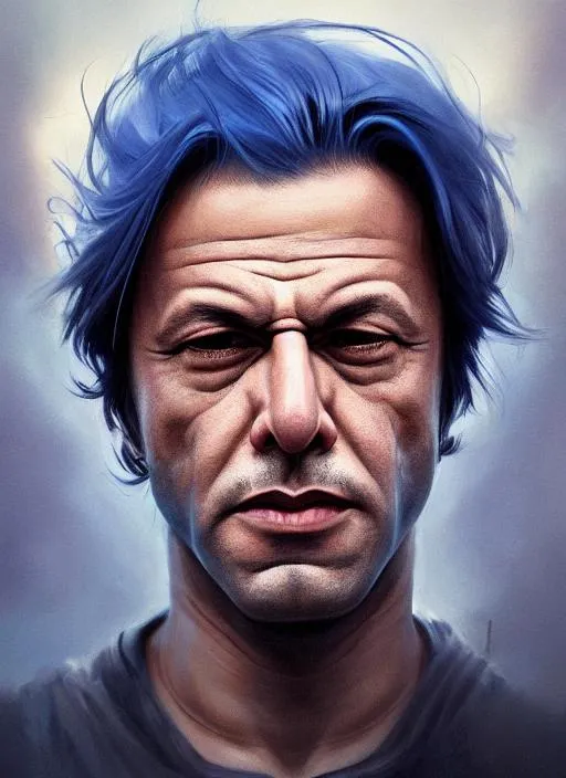 Prompt: Portrait of {Imran Khan} with {Blue} hair and with cute face, {Dark}, perfect composition, hyperrealistic, super detailed, 8k, high quality, trending art, trending on artstation, sharp focus, studio photo, intricate details, highly detailed, by greg rutkowski