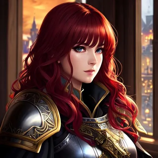 Prompt: half body portrait, female , paladin, detailed face, detailed eyes, full eyelashes, ultra detailed accessories, detailed interior, city background, full robes, wearing armor, heavy armor, short wavy hair, red hair, dnd, artwork, dark fantasy, tavern interior, looking outside from a window, inspired by D&D, concept art, night time