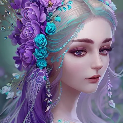 Prompt: dynamic composition of a pale skinned woman with hair of flowers and peacock plummage  of aqua and purple, ornate details,lacey clothes, facial closeup