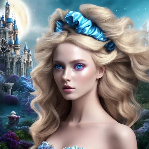 Prompt: 4k 3D professional modeling photo live action human woman hd hyper realistic beautiful english woman blonde hair fair skin blue eyes beautiful face blue white and black dress black headband enchanting mystical wonderland landscape hd background with live action magic full body in wonderland