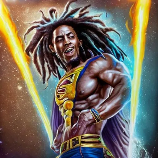 Prompt: A hyper realistic detailed full body of Bob Marley as superman and egyptian god ra, heroic, amazing splash screen artwork, splash art, Create fierce decisive face expression, mystical deep big brown eyes, dreadlock hair, elegant, intricate, fantasy, atmospheric lighting, cinematic,  wearing african jewels, highly detailed, digital painting, Trending on artstation, HD quality, very sophisticated, provocative, unbelievable talent