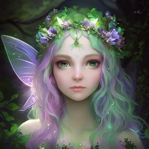Prompt: an ethereal fairy goddess,dreamscape , night forest background, pastel, facial closeup