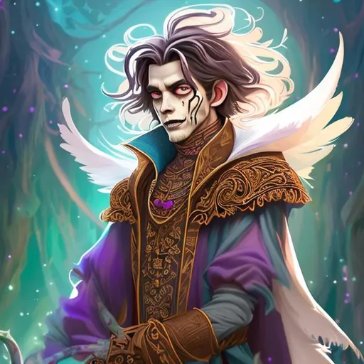 Prompt: Full body splash art of a sweet, young, smiling male undead zombie bard, mummified face, closed eyes, shoulder long black hair, skinny, bony, reddish purple noble clothes with puffy sleeves, wearing a floppy hat with feathers, D&D, dnd, fantasy, highly detailed, intricate, sharp focus, digital painting, trending on artstation, 4k, 8k, unreal engine