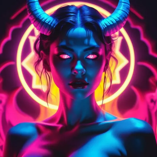 Prompt: beautiful female demon, hell, demonic, vaporwave, retro, neon, aesthetic, liminal, high quality, high definition, beautiful, dramatic lighting