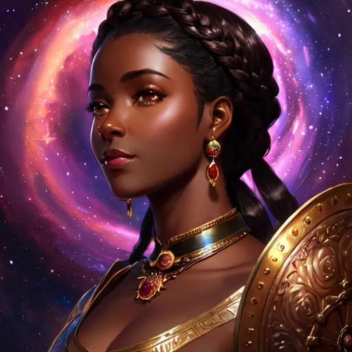 Prompt: woman with dark skin,medieval hairstyle, tied hair, , clear brown eyes, wearing a  glittering galaxy rose pink medieval swimsuit, extremely detailed, novel realistic. Krenz Cushart + loish +gaston bussiere +craig mullins, j. c. leyendecker +Artgerm, oil painting texture oil painting effect., comos and galaxy background 