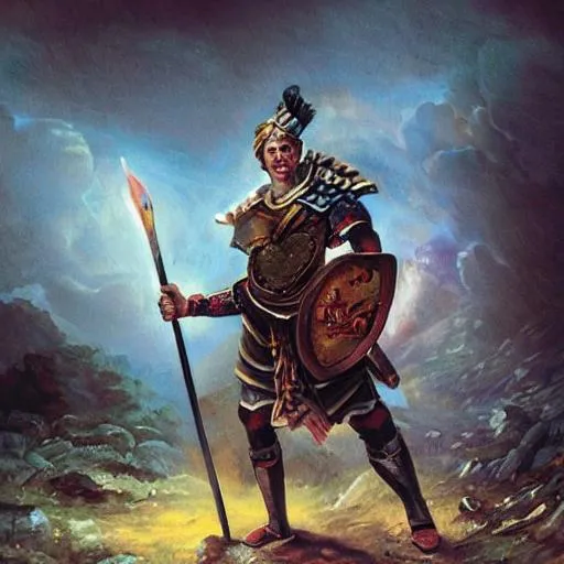 Prompt: gideon, warrior in Old testament, war place, night, facing the enemies, fires, weapon, clear face
