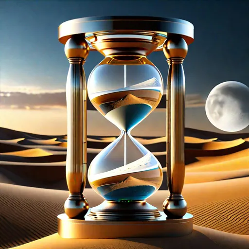 Prompt: Create the state-of-art design of a classical Hourglass {3D transparent glass, symmetric and volumetric detailed enclosures, hyper-detailed framework, accurate detailed connector tube, high quality, high resolution, Octane 3D, UHD, 256K}, the Gobi Desert on the ground and Moon in the sky, UHD engine 5, 256K, clarity, proportions, order, hierarchy, harmony, datum, rhythm, isometry, fit in frame, centered, focus sharp, reflective.