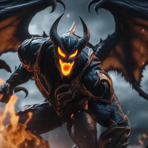 Prompt: a death knight with a Venom mouth (Venom movie), with horns forward on his forehead, orange fire eyes, flying, Hyperrealistic, sharp focus, Professional, UHD, HDR, 8K, Render, electronic, dramatic, vivid, pressure, stress, nervous vibe, loud, tension, traumatic, dark, cataclysmic, violent, fighting, Epic