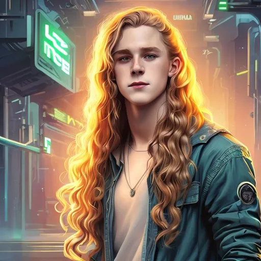 Prompt: young early-twenties hot irish man male, long curly blond hair, happy, intense, smile, full lips, casual jumpsuit, futuristic, portrait, realistic details, photorealistic, 8k render, cinematic lighting, ultra detailed