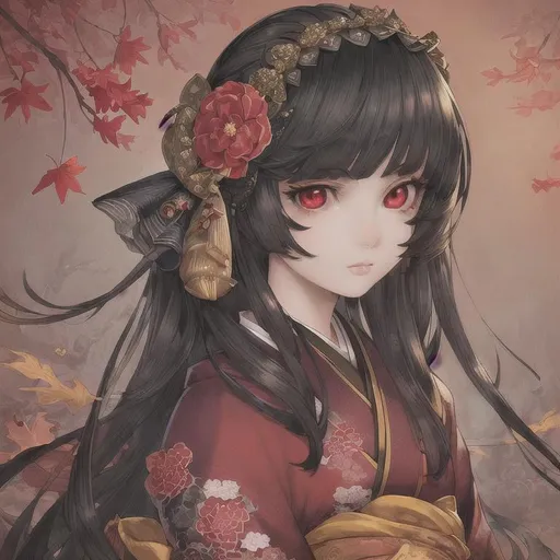 Prompt: masterpiece, illustration, best quality:1.2), 1girl, solo, black hair, cute, finely detailed, detailed face, toned face, beautiful detailed eyes, beautiful detailed shading, beautifully detailed background, red eyes, fallen leaf, autumn, red kimono, flower hair ornament