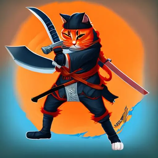 Prompt: Orange cat wearing ninja clothes and holding a katana sword, RTX, Unreal graphics 