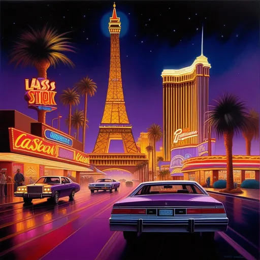 Prompt: 1980s, Las Vegas Strip at night, car chase, neon, dark purple atmosphere, cartoony style, extremely detailed painting by Greg Rutkowski and by Henry Justice Ford and by Steve Henderson