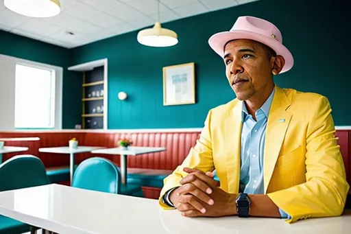 Prompt: Barack Obama, wearing pastel yellow suit and a pastel blue hat,  sitting in a cafe, bright high key lighting, soft white walls with ceramic tiles, matte finish, diner kitchen in the background, film grain, cinematic frame, shallow depth of field