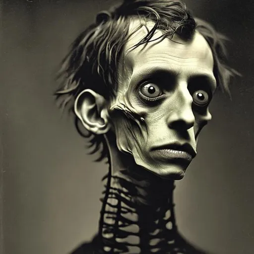 Prompt: a skinny Victorian man with eyes so sunken deep you can hardly see his pupils, nasty yellow skin, rotten nose, four locks of hair behind his ears, horror, 