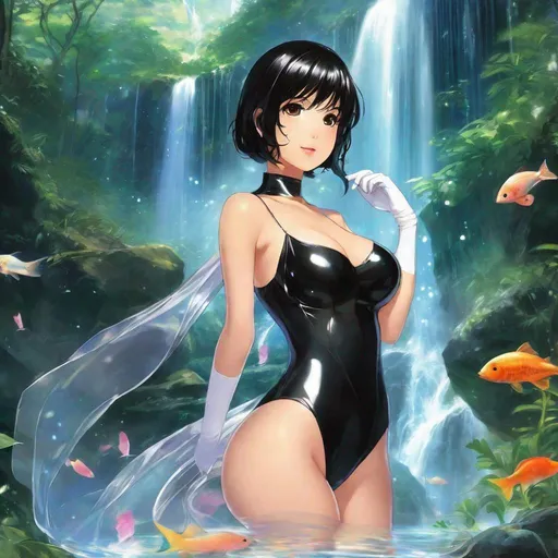 Prompt: anime art, pretty young Indonesian woman, 25 year old, (round face, high cheekbones, almond-shaped brown eyes, small delicate nose, short black hair), perfect hourglass figure, wearing clear transparent plastic catsuit, gloves, boots, dynamic pose, background tropical waterfall, bokeh, Japanese manga, Pixiv, Fantia