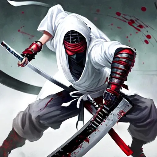 Ninja Wielding Katana in White Clothes while Choppin...