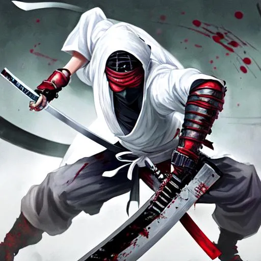 Prompt: Ninja Wielding Katana in White Clothes while Chopping the Arm off of Samurai while Blood Splatters Everywhere in Cyber Punk City in the Same Scene