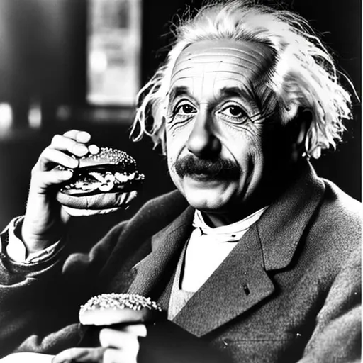 Prompt: Albert Einstein enjoying a burger
