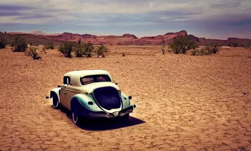 Prompt: nostalgic desert with a old car