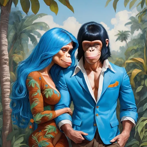 Prompt: 2 Orangutans, male +black hair, female+blue hair, 70's attire