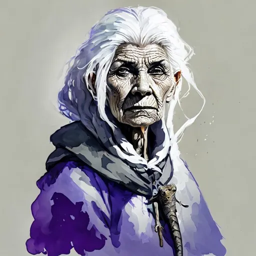 Prompt: Old indigenous witch with white hair and a snake shaped walking stick