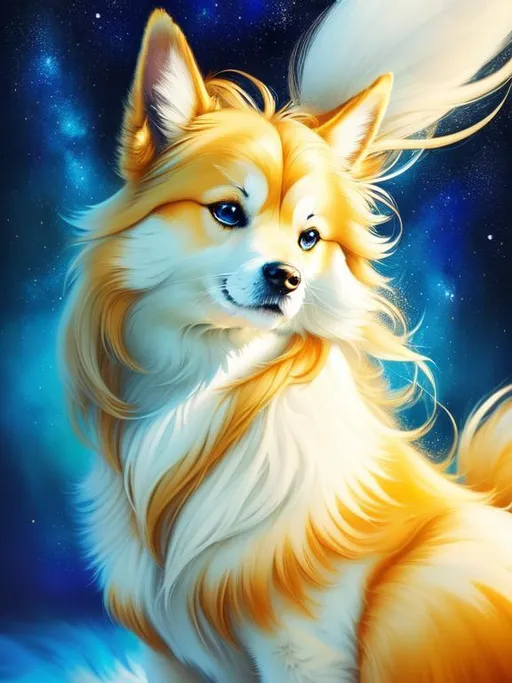 Prompt: remove mouth, remove hair, (16k, 8k, 3D, ultra high definition, full body focus, very detailed, masterpiece, detailed painting, ultra detailed background, UHD character, UHD background) character design portrait of a beautiful medium-sized female {quadruped} with wind powers, golden-white fur and golden hairs, vivid crystal-blue eyes, long blue diamond ears with royal blue and magenta interior, (sapphire sparkling rain), cute fangs, majestic like a wolf, playful like a fox, energetic like a deer, calm and inviting smile, ears of blue point siamese cat,  fur speckled with sapphire crystals, fluffy mane, insanely detailed fur, insanely detailed eyes, insanely detailed face, standing in fantasy garden, atmosphere filled with (sparkling rain) and (flower petals), pink and cyan flowers, cherry blossoms, mountains, auroras, pink twilight sky, Sylveon