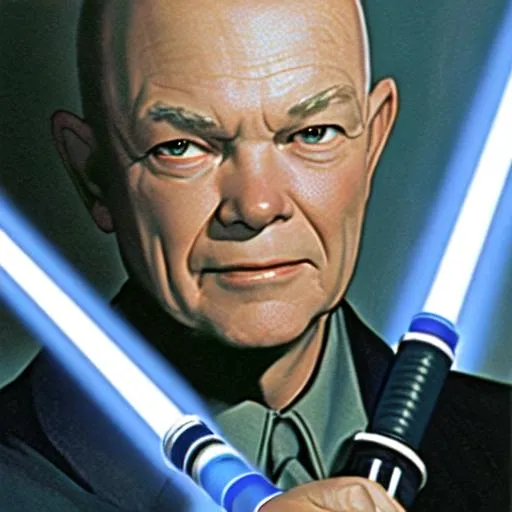 Prompt: zoomed in image of Dwight D. Eisenhower as a Jedi. He is holding a lightsaber that is blue
