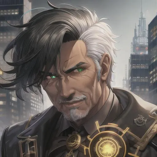 Prompt: Old man, 8k, dynamic Lights, dark colors, steampunk city background, hyper detailed, detailed face, detailed hands, black hair, green eyes,