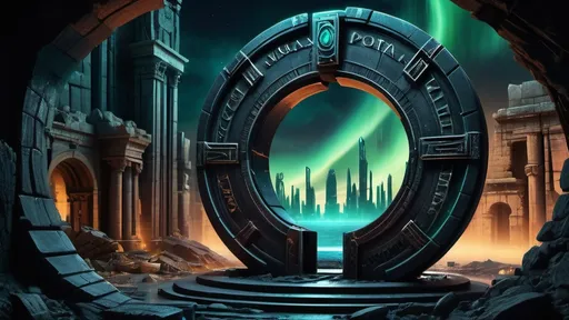 Prompt: magical portal between cities realms worlds kingdoms, circular portal, ring standing on edge, upright ring, freestanding ring, hieroglyphs on ring, complete ring, ruins, ancient roman architecture, atlantis city plaza setting, aurora borealis, panoramic view, dark night, futuristic cyberpunk tech-noir setting