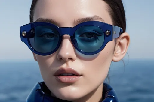 Prompt: Fashion shoot, Jacquemus and Moncler collaboration: dark blue translucent futuristic sunglasses, hyper-realistic, detailed 8k, realistic --ar 2:3 --stylize 750 --v 6