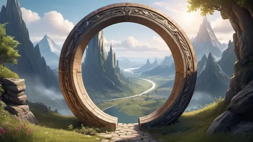 Prompt: circular portal, gateway between cities realms worlds kingdoms, ring standing on edge, freestanding ring, ring chevrons, complete ring, panoramic view
