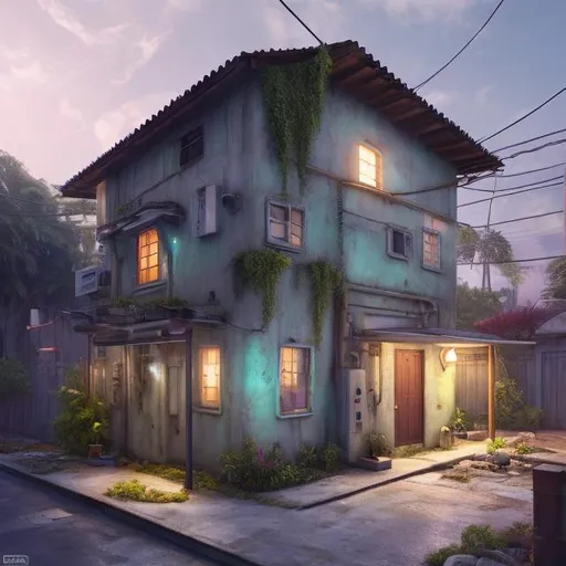 Prompt: futuristic, external view, old small white industrial building, tiny neighborhood, chillwave, tropical, ultra detailed, cinematic lighting, photorealistic, realistic details, wide view