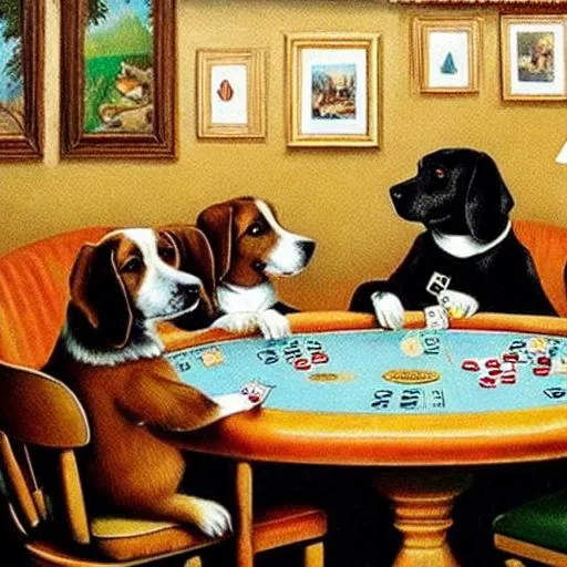 Prompt: Dogs playing poker