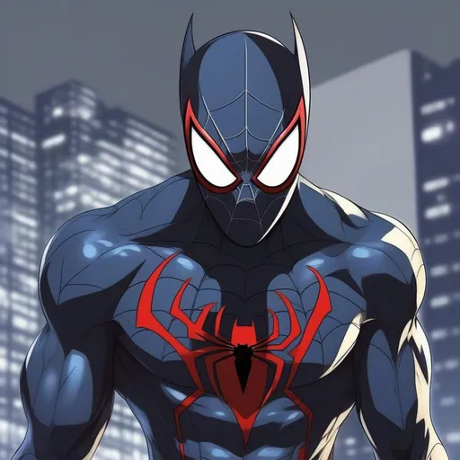 Prompt: Spiderman in Batman suit anime artstyle