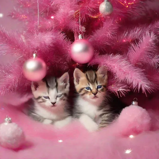 Prompt: kittens sleeping under a pink christmas tree