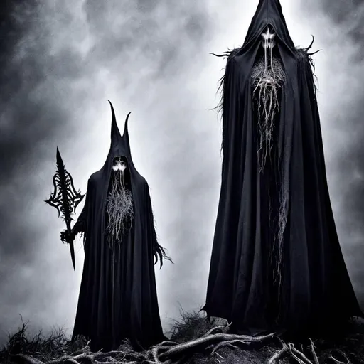 Prompt: the witch-kings were tall, and beneath their black cloaks, they were robed in grey. Their hair was grey, and they wore silver helms, although the Witch-king wore a crown. Their eyes were merciless and piercing, and their hands were haggard. The Witch-king held a knife, and the knife and his hand shone with a pale light