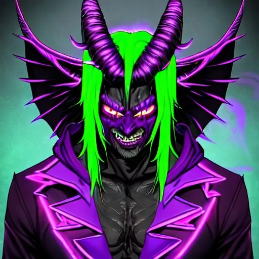 Prompt: handsome man, monster, demon, fire, purple, neon, black, vampire teeth, strong and body, neon green and purple hair, hood, monster wings, king, , goat, vampire teeth, red eyes, mask, horns