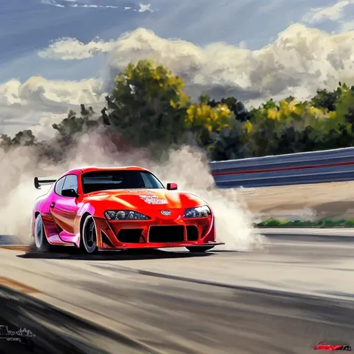 Prompt: High resolution, hyper realistic, painting of low rider Toyota Supra mk4 drifting around turn counter steering