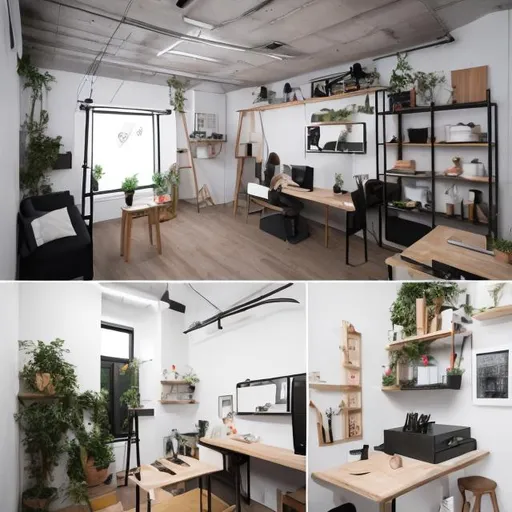 Prompt: Modern spacious (50 square meters) photography studio where a young female ohotographer would work, with a section for stop motion animation creating (desk and lighting), and a smell kitchen with coffee machine