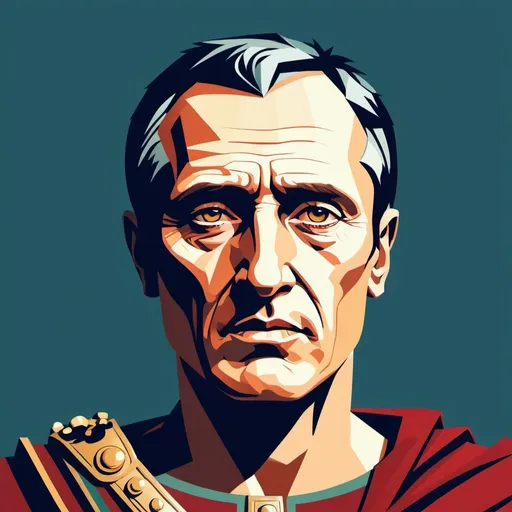 Prompt: Modern flat vector illustration of Julius caesar, to shoulder level, wearing modern clothing, detailed facial features, high quality, flat vector, modern, detailed face, cool tones, atmospheric lighting, looking directly into the camera