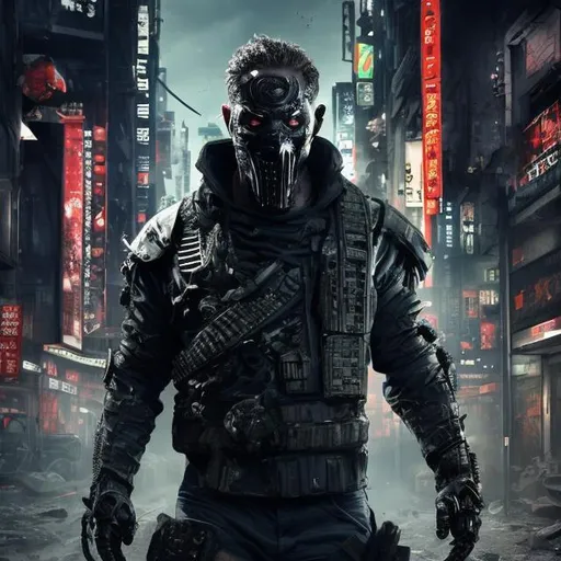 Prompt: Original villain. Future military armour with black and neon trim. Slow exposure. Detailed. Male masked. Dirty. Dark and gritty. Post-apocalyptic Neo Tokyo. Futuristic. Shadows. Sinister. Brutal. Intimidating. Evil. Bionic enhancements.