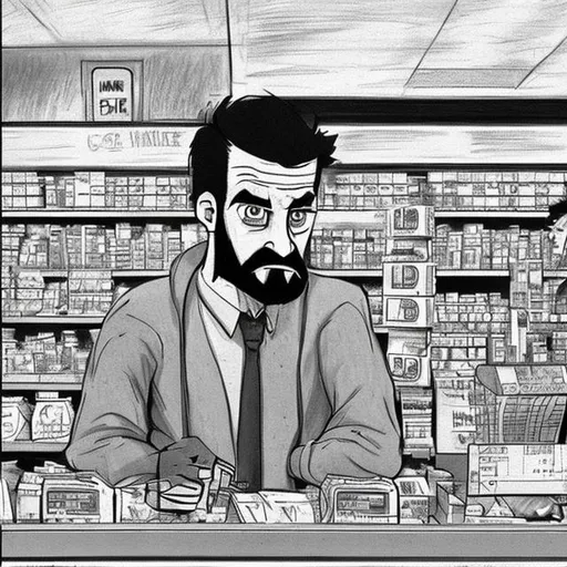 Prompt: Pencil-style drawing of male clerk in convenience store with 3 day-old beard and looking underslept. speaking the words "Another exercise in futility" in a word bubble. comic book style.
