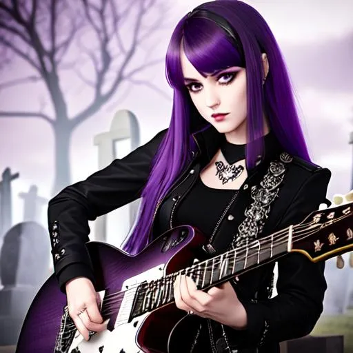 Prompt: headshot portrait of pale rocker, at a graveyard, plaid skirt,skinny, fit,  undead daemon, holding fender guitar between legs, 20 years old, on a speaker, body tattoos of dragons, long purple hair with white highlights, sad face, parted bangs, brown eyes, ethereal, black v shirt, cleavage, spiky hair, royal vibe, highly detailed, digital painting, trending on artstation , HD quality, smokey eyes, by Greg Rutkowski