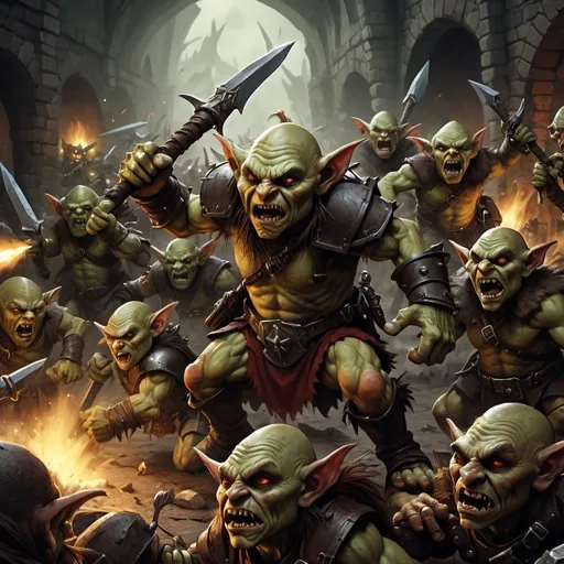 Prompt: Warhammer fantasy RPG illustration of goblin pack attacking dwarfs, gritty and detailed, dark fantasy, chaotic battle scene, menacing goblin faces, intense action, dynamic composition, realistic textures, dramatic lighting, high quality, detailed, dark fantasy, dynamic composition, chaotic battle scene, menacing goblins, realistic textures, dramatic lighting