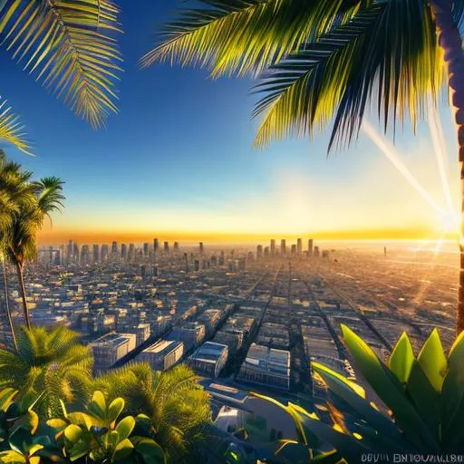 Prompt: Medium shot super detailed lifelike illustration, intricately detailed, rays of sunlight beautiful morning   skies detailed  view of lax dtla with palm trees in Los Angeles ca 
masterpiece photoghrafic real digatal ultra realistic hyperdetailed 

iridescent reflection, cinematic light, movie 
 Lots of green bushes beautiful roses 

volumetric lighting maximalist photo illustration 4k, resolution high res intricately detailed complex,

soft focus, realistic, heroic fantasy art, clean art, professional, colorful, rich deep color, concept art, CGI winning award, UHD, HDR, 8K, RPG, UHD render, HDR render, 3D render cinema 4D